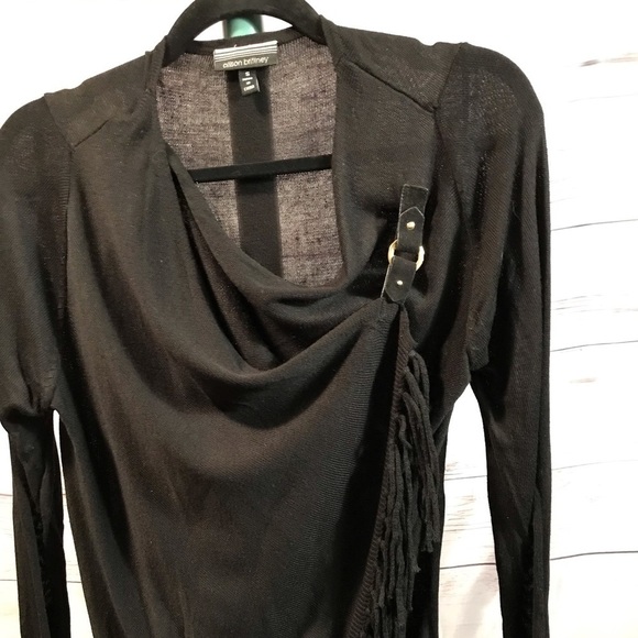 🖤BLK FRINGE BUCKLE WRAP CLOSURE LONG SLEEVE CARDIGAN SZ SM BY ALLISON BRITTNEY - Picture 6 of 6